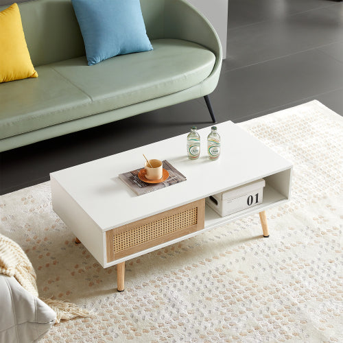 Modern Rattan Coffee Table with Sliding Door Storage